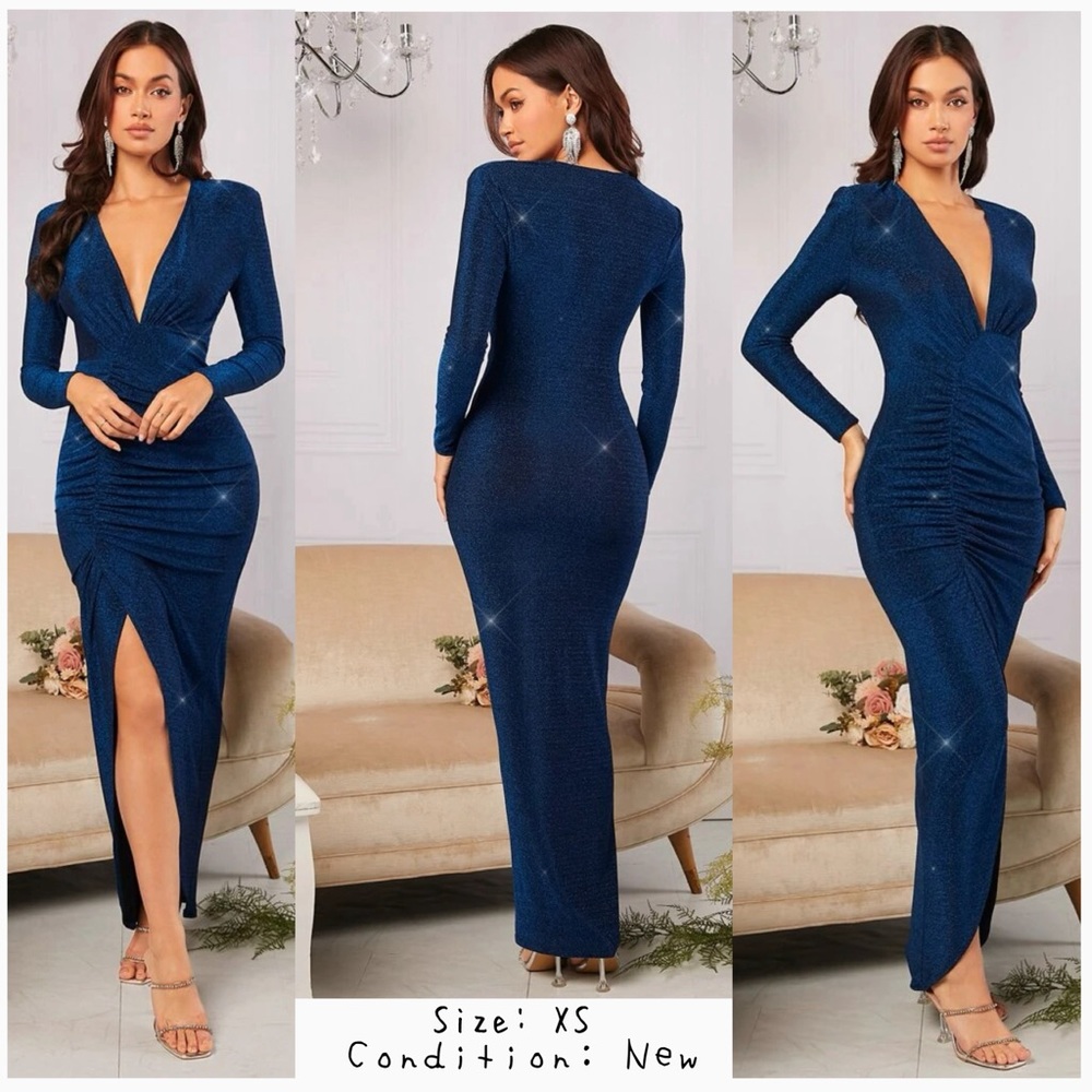 Belle Plunging Neck Ruched Split Thigh Party Dress